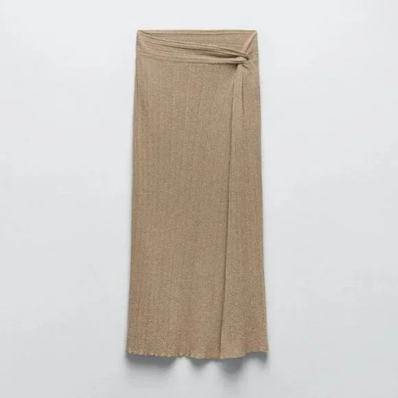 RARE ZARA 2 PIECE GOLDEN METALLIC THREAD WRAP KNIT TOP AND KNIT SKIRT - Picture 3 of 8